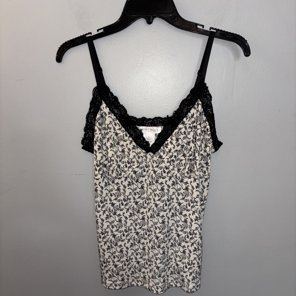 Y2K White House Black Market Cami Top Babydoll White Black Floral Lace Trim Sz L